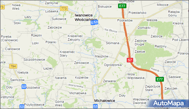 mapa Maszków gmina Iwanowice, Maszków gmina Iwanowice na mapie Targeo