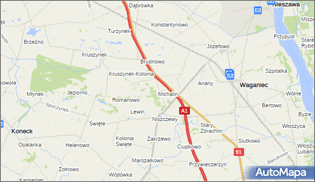 mapa Michalin gmina Waganiec, Michalin gmina Waganiec na mapie Targeo