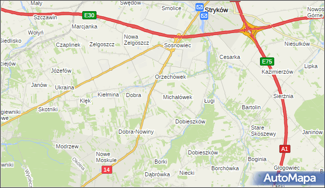 mapa Michałówek gmina Stryków, Michałówek gmina Stryków na mapie Targeo