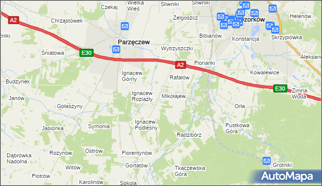 mapa Mikołajew gmina Parzęczew, Mikołajew gmina Parzęczew na mapie Targeo