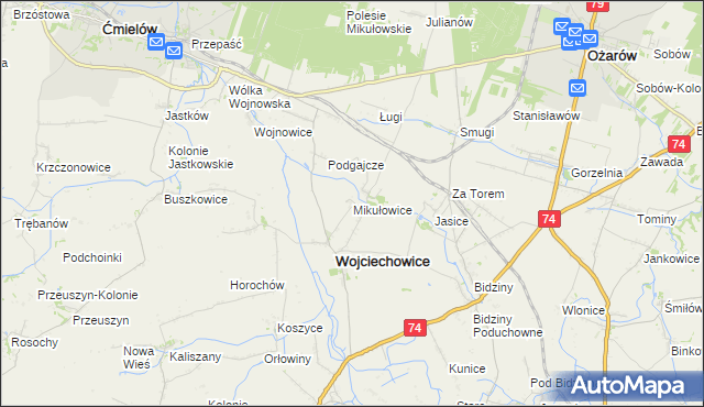 mapa Mikułowice gmina Wojciechowice, Mikułowice gmina Wojciechowice na mapie Targeo