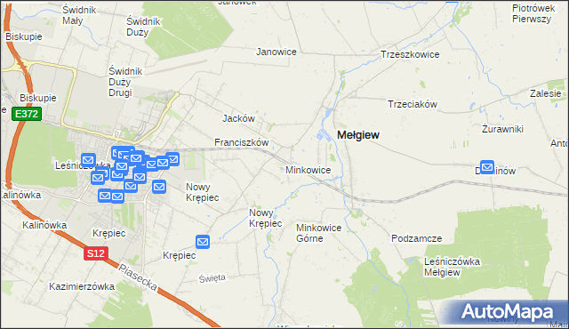mapa Minkowice gmina Mełgiew, Minkowice gmina Mełgiew na mapie Targeo
