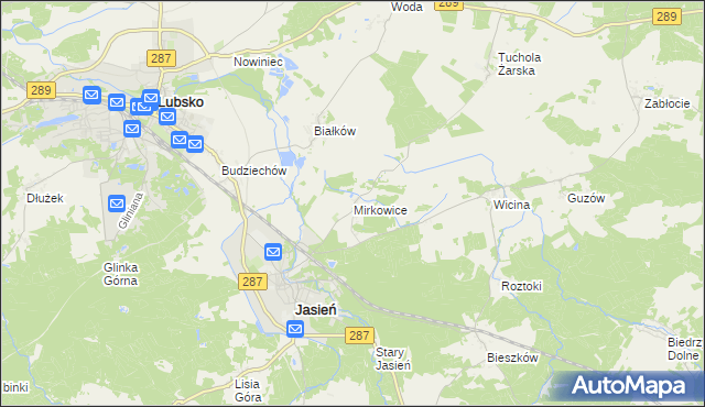 mapa Mirkowice gmina Jasień, Mirkowice gmina Jasień na mapie Targeo