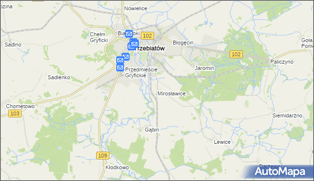 mapa Mirosławice gmina Trzebiatów, Mirosławice gmina Trzebiatów na mapie Targeo