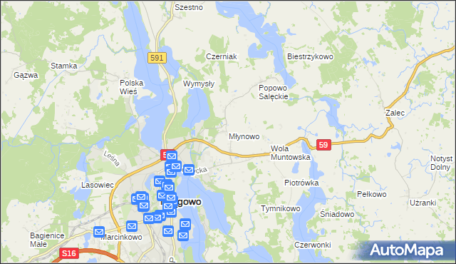 mapa Młynowo gmina Mrągowo, Młynowo gmina Mrągowo na mapie Targeo
