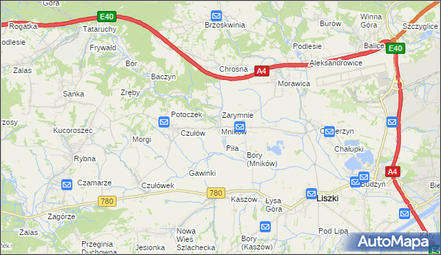 mapa Mników gmina Liszki, Mników gmina Liszki na mapie Targeo
