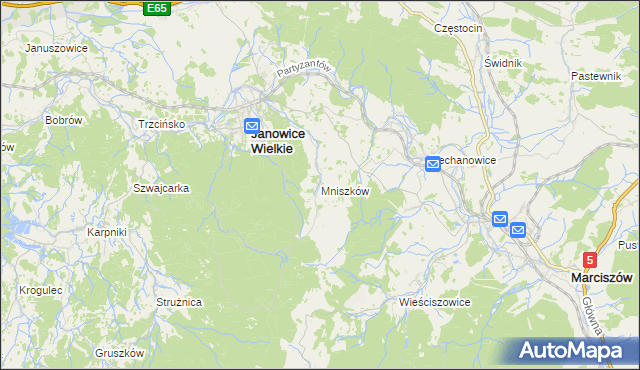mapa Mniszków gmina Janowice Wielkie, Mniszków gmina Janowice Wielkie na mapie Targeo