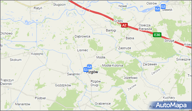 mapa Modła gmina Rzgów, Modła gmina Rzgów na mapie Targeo