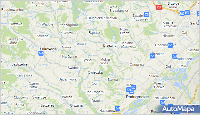 mapa Mokra Wieś gmina Podegrodzie, Mokra Wieś gmina Podegrodzie na mapie Targeo