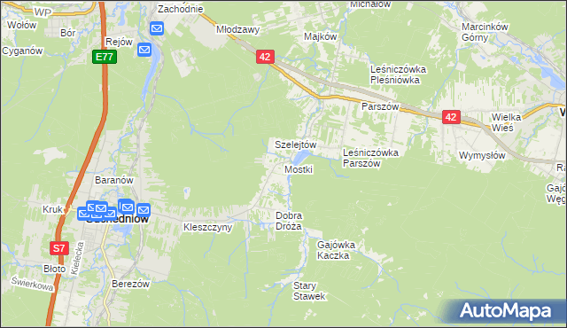 mapa Mostki gmina Suchedniów, Mostki gmina Suchedniów na mapie Targeo