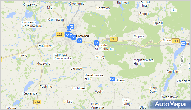 mapa Mrozy gmina Sierakowice, Mrozy gmina Sierakowice na mapie Targeo