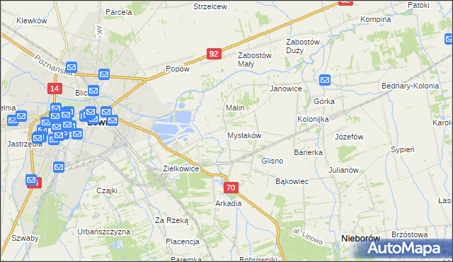 mapa Mysłaków gmina Nieborów, Mysłaków gmina Nieborów na mapie Targeo