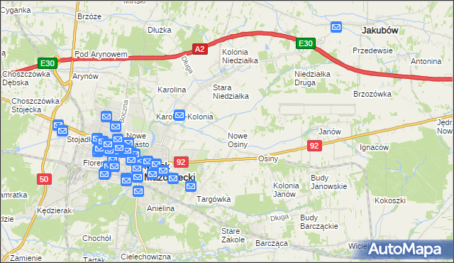 mapa Nowe Osiny, Nowe Osiny na mapie Targeo
