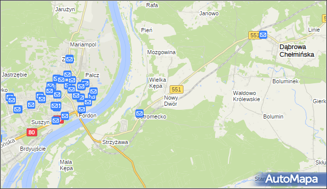 mapa Nowy Dwór gmina Dąbrowa Chełmińska, Nowy Dwór gmina Dąbrowa Chełmińska na mapie Targeo