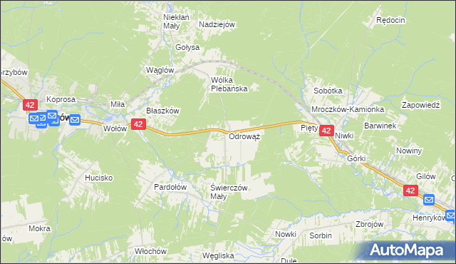 mapa Odrowąż gmina Stąporków, Odrowąż gmina Stąporków na mapie Targeo