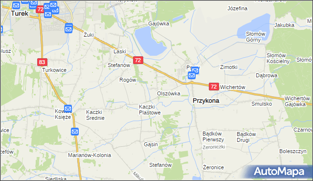mapa Olszówka gmina Przykona, Olszówka gmina Przykona na mapie Targeo