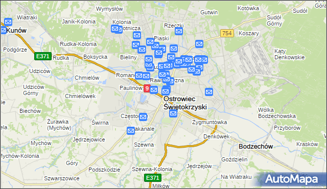 mapa Ostrowiec Świętokrzyski, Ostrowiec Świętokrzyski na mapie Targeo