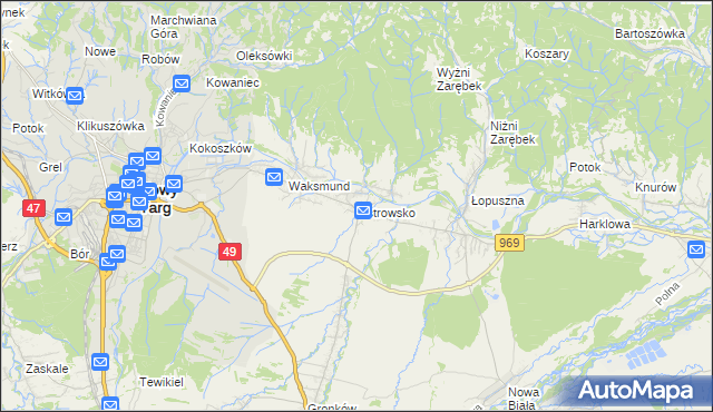 mapa Ostrowsko gmina Nowy Targ, Ostrowsko gmina Nowy Targ na mapie Targeo