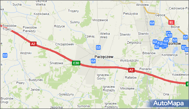 mapa Parzęczew powiat zgierski, Parzęczew powiat zgierski na mapie Targeo