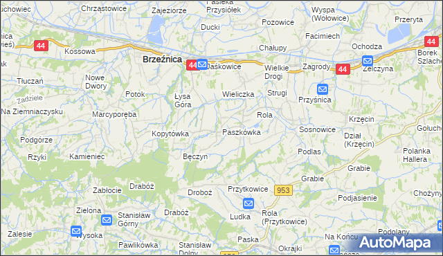 mapa Paszkówka gmina Brzeźnica, Paszkówka gmina Brzeźnica na mapie Targeo