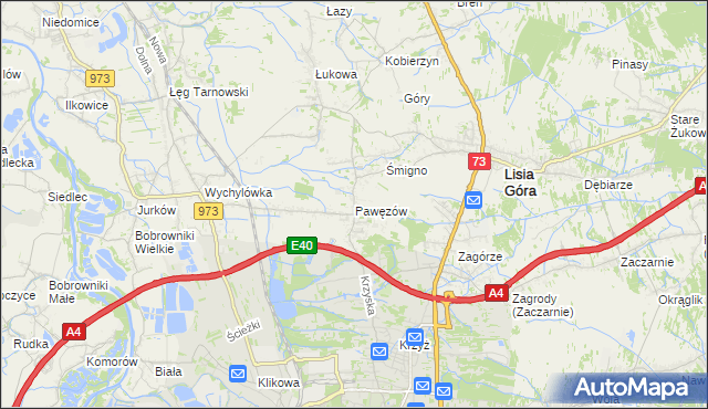 mapa Pawęzów gmina Lisia Góra, Pawęzów gmina Lisia Góra na mapie Targeo