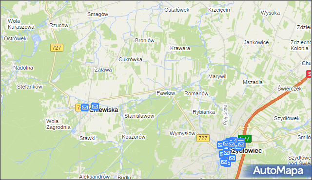 mapa Pawłów gmina Chlewiska, Pawłów gmina Chlewiska na mapie Targeo