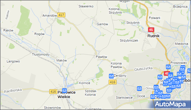mapa Pawłów gmina Pietrowice Wielkie, Pawłów gmina Pietrowice Wielkie na mapie Targeo