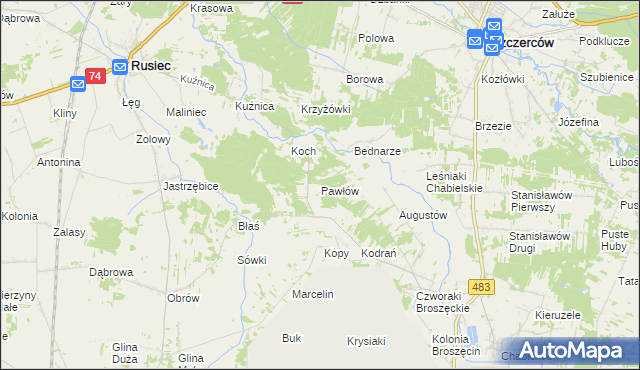 mapa Pawłów gmina Rusiec, Pawłów gmina Rusiec na mapie Targeo