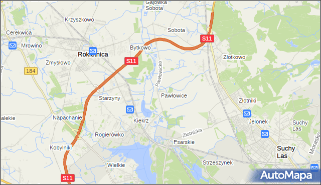 mapa Pawłowice gmina Rokietnica, Pawłowice gmina Rokietnica na mapie Targeo