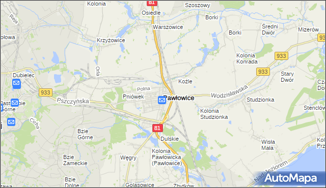 mapa Pawłowice powiat pszczyński, Pawłowice powiat pszczyński na mapie Targeo