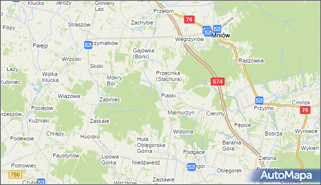 mapa Piaski gmina Mniów, Piaski gmina Mniów na mapie Targeo