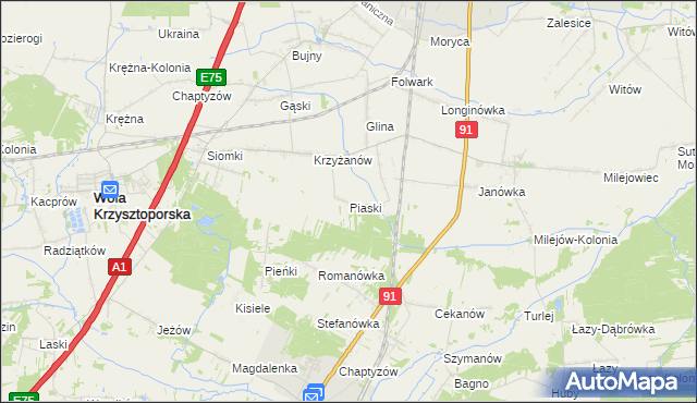 mapa Piaski gmina Wola Krzysztoporska, Piaski gmina Wola Krzysztoporska na mapie Targeo