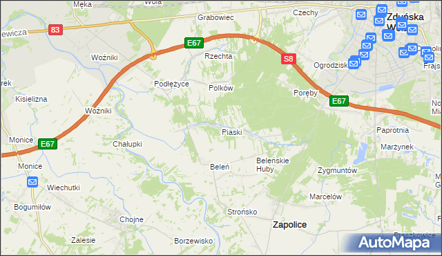 mapa Piaski gmina Zduńska Wola, Piaski gmina Zduńska Wola na mapie Targeo