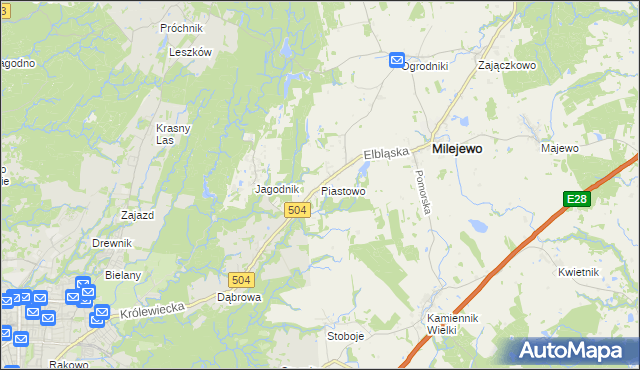 mapa Piastowo gmina Milejewo, Piastowo gmina Milejewo na mapie Targeo
