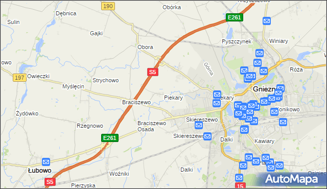 mapa Piekary gmina Gniezno, Piekary gmina Gniezno na mapie Targeo