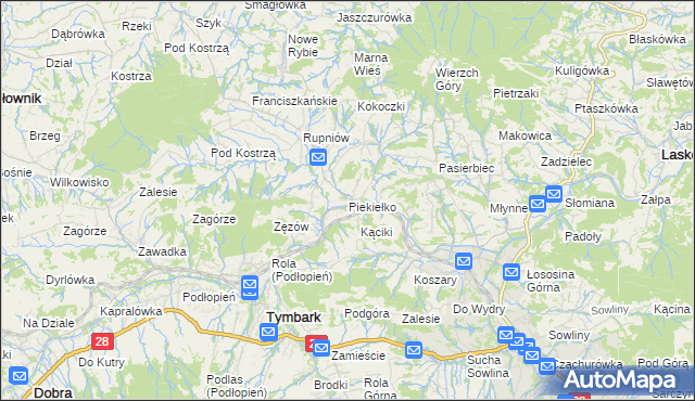 mapa Piekiełko gmina Tymbark, Piekiełko gmina Tymbark na mapie Targeo