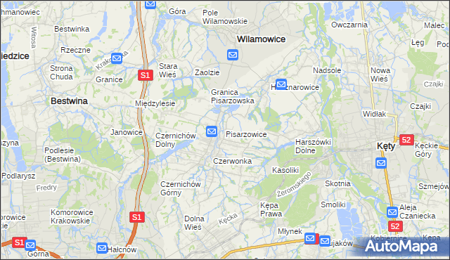 mapa Pisarzowice gmina Wilamowice, Pisarzowice gmina Wilamowice na mapie Targeo