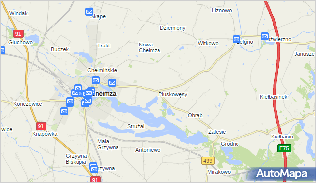 mapa Pluskowęsy gmina Chełmża, Pluskowęsy gmina Chełmża na mapie Targeo