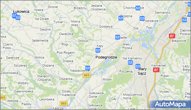 mapa Podegrodzie powiat nowosądecki, Podegrodzie powiat nowosądecki na mapie Targeo