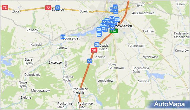 mapa Podlas gmina Rawa Mazowiecka, Podlas gmina Rawa Mazowiecka na mapie Targeo