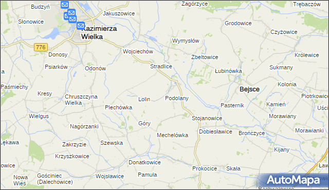 mapa Podolany gmina Kazimierza Wielka, Podolany gmina Kazimierza Wielka na mapie Targeo