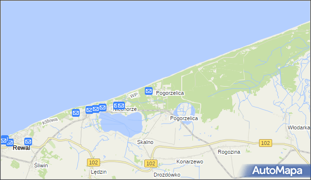 mapa Pogorzelica gmina Rewal, Pogorzelica gmina Rewal na mapie Targeo