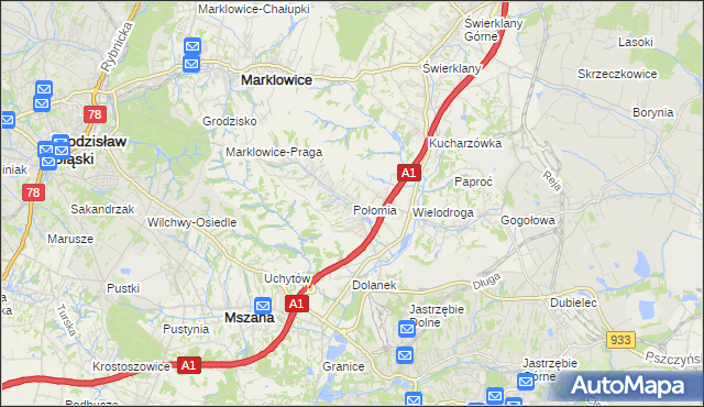 mapa Połomia gmina Mszana, Połomia gmina Mszana na mapie Targeo