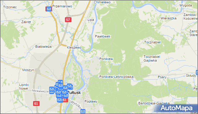 mapa Ponikiew gmina Pułtusk, Ponikiew gmina Pułtusk na mapie Targeo
