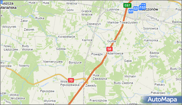 mapa Powązki gmina Mszczonów, Powązki gmina Mszczonów na mapie Targeo