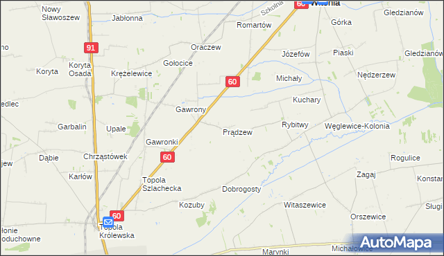 mapa Prądzew gmina Łęczyca, Prądzew gmina Łęczyca na mapie Targeo