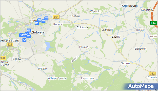mapa Prusice gmina Złotoryja, Prusice gmina Złotoryja na mapie Targeo