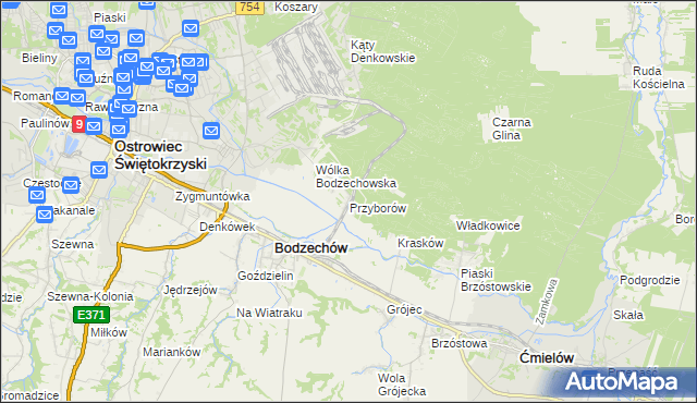 mapa Przyborów gmina Bodzechów, Przyborów gmina Bodzechów na mapie Targeo