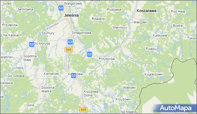 mapa Przyborów gmina Jeleśnia, Przyborów gmina Jeleśnia na mapie Targeo