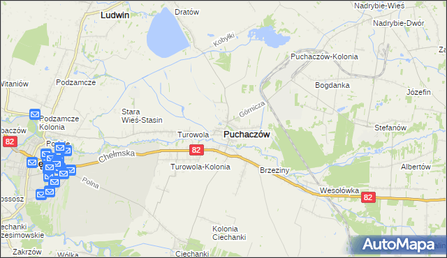 mapa Puchaczów powiat łęczyński, Puchaczów powiat łęczyński na mapie Targeo